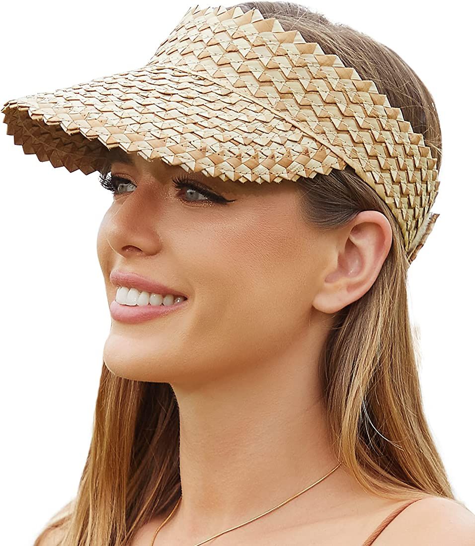 Straw Visors for Women, Visors for Women Wide Brim, Beach Hats for Women Foldable, Hand Woven Sun... | Amazon (US)