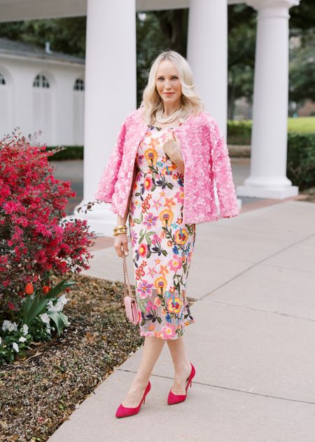 The most beautiful floral embroidered mesh dress, perfect for all your spring events!
Added their stunning rosette 3d jacket in begonia pink. 
Code: MEGAN20

Wedding guest, floral dress, spring dress, pink jacket, 

#LTKwedding #LTKstyletip #LTKover40