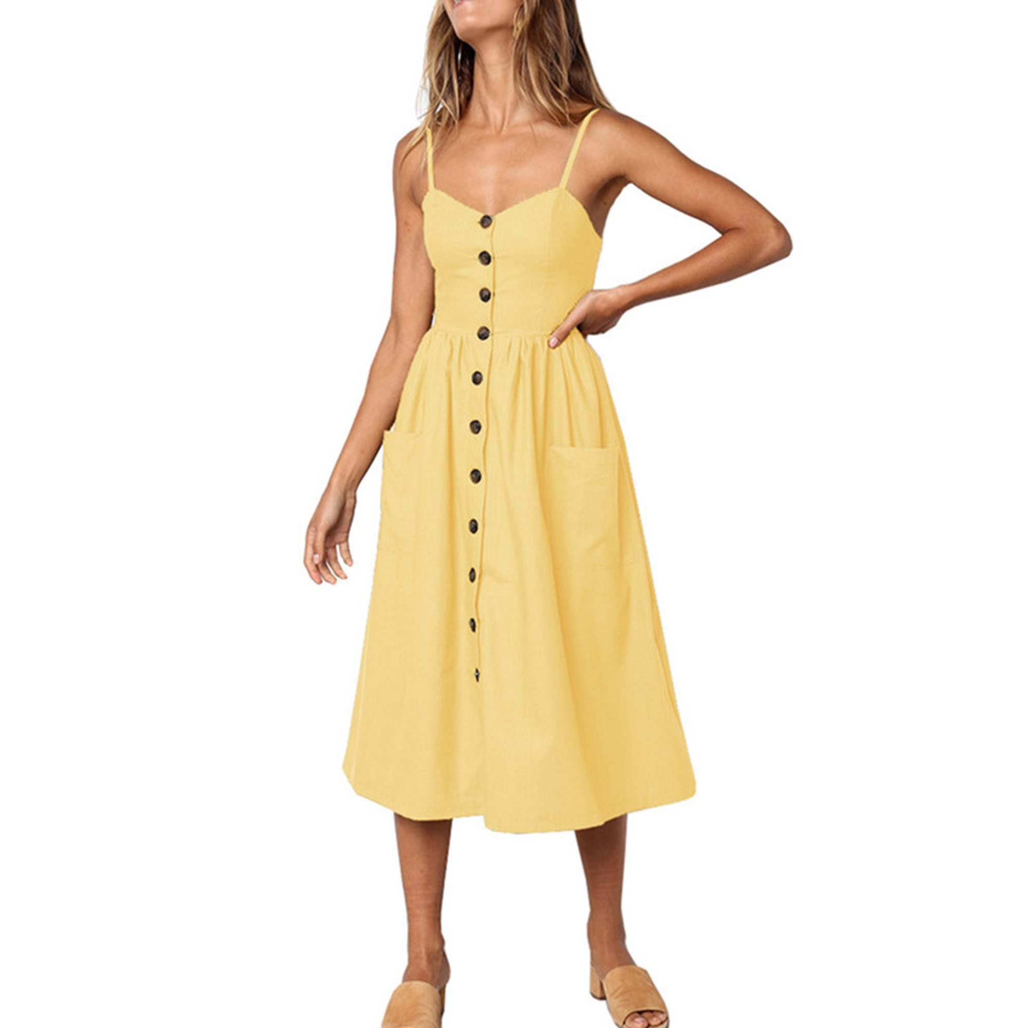 Womens Summer Holiday Beach Bardot Button Through Ladies Sling Long Smock Sun Dress | Walmart (US)