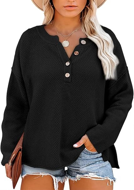 Comxiao Womens Plus Size Sweaters Loose Long Sleeve V Neck Button Pullover Knit Jumper (1X-5X) | Amazon (US)
