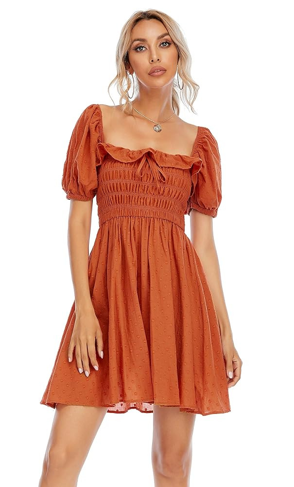 R.Vivimos Women's Summer Cotton Short Sleeve Square Neck Elastic Smocked Ruffle Floral Print Swin... | Amazon (US)