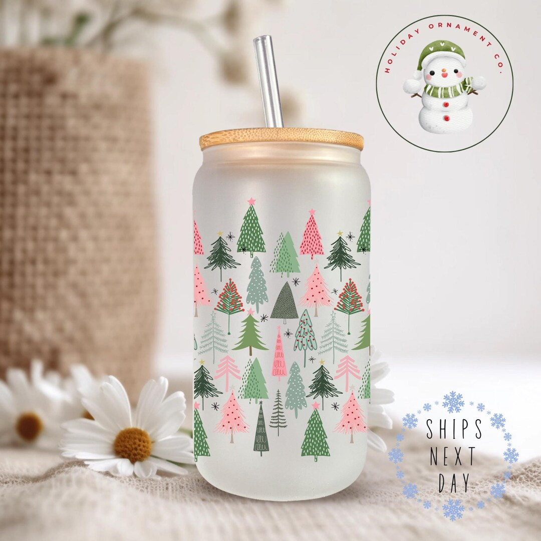 Watercolor Christmas Trees Glass Tumbler Cup | Pretty Holiday Iced Coffee Cup | 16 oz/20 oz | Cut... | Etsy (US)