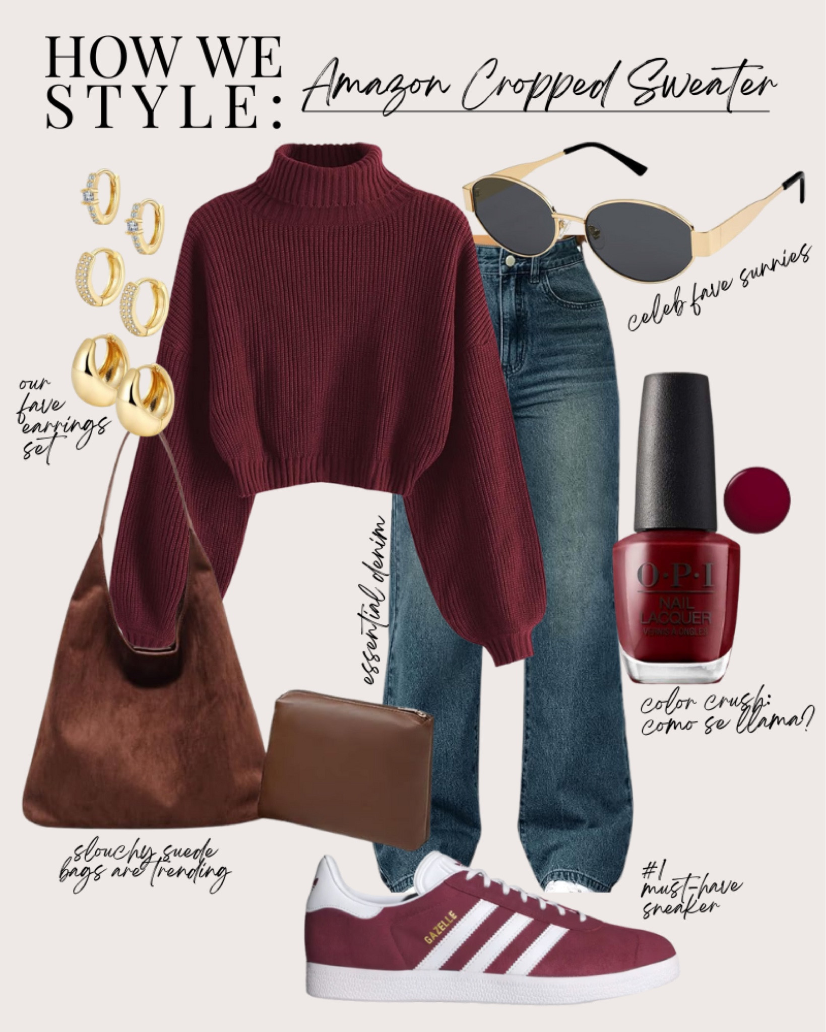 Fall Amazon Outfit / Burgundy Sweater, Adidas Shoes, High Waisted Jeans and Accessories