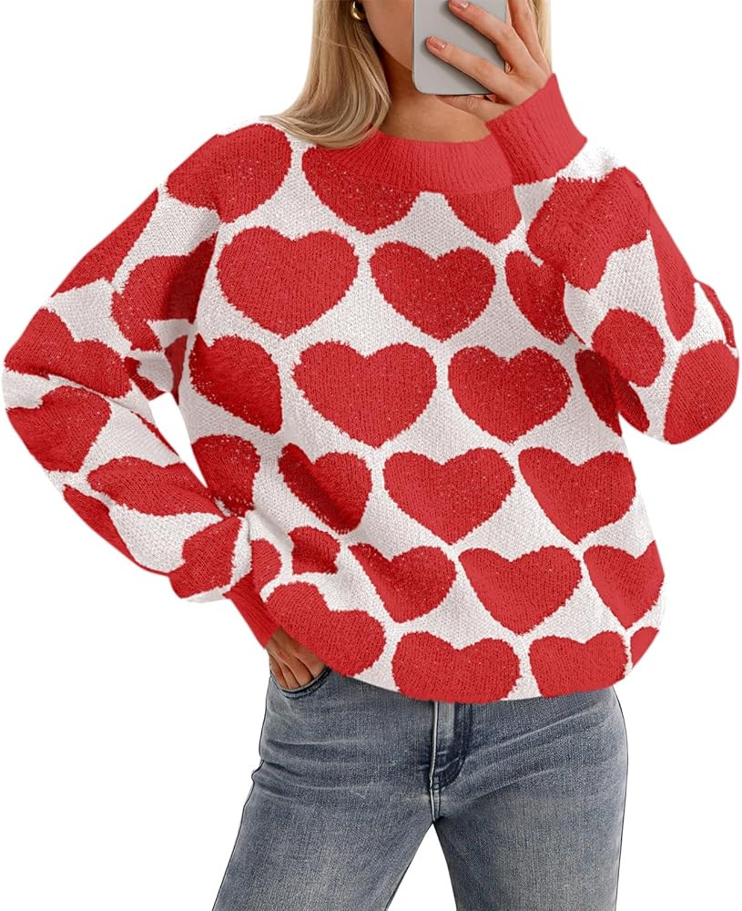 Saodimallsu Womens Heart Sweaters Valentines Fuzzy Knit Crewneck Cute Loose Sweaters | Amazon (US)