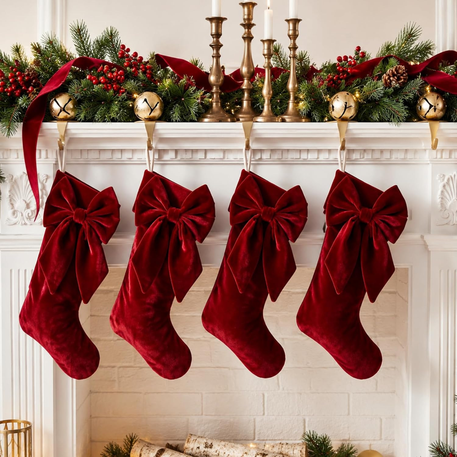 Seematn 4 Pack Burgundy Red Velvet Christmas Stockings, 18 Inch | Amazon (US)