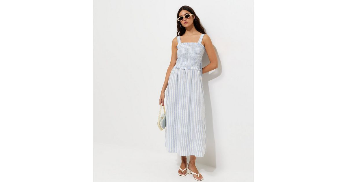 Blue Striped Shirred Bodice Bow Back Midi Dress | New Look | New Look (UK)