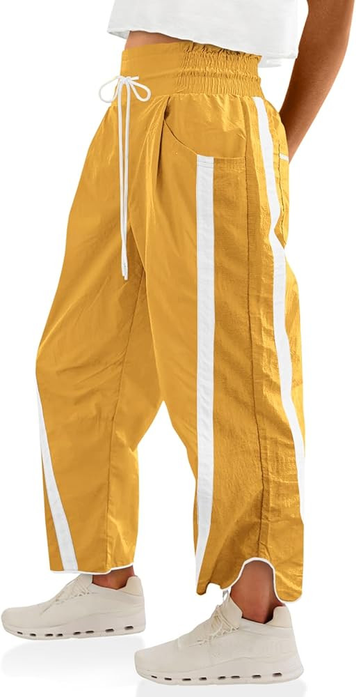 Fisoew Women's Baggy Wide Leg Pants Casual Drawstring Elastic Waisted Contrast Color Workout Y2K ... | Amazon (US)