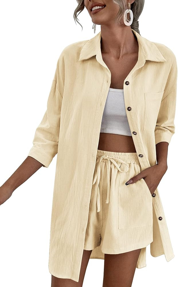 Zeagoo Women’s 2 Piece Lounge Tracksuit Outfit Sets Cotton Linen High Low Shirt and Drawstring ... | Amazon (US)