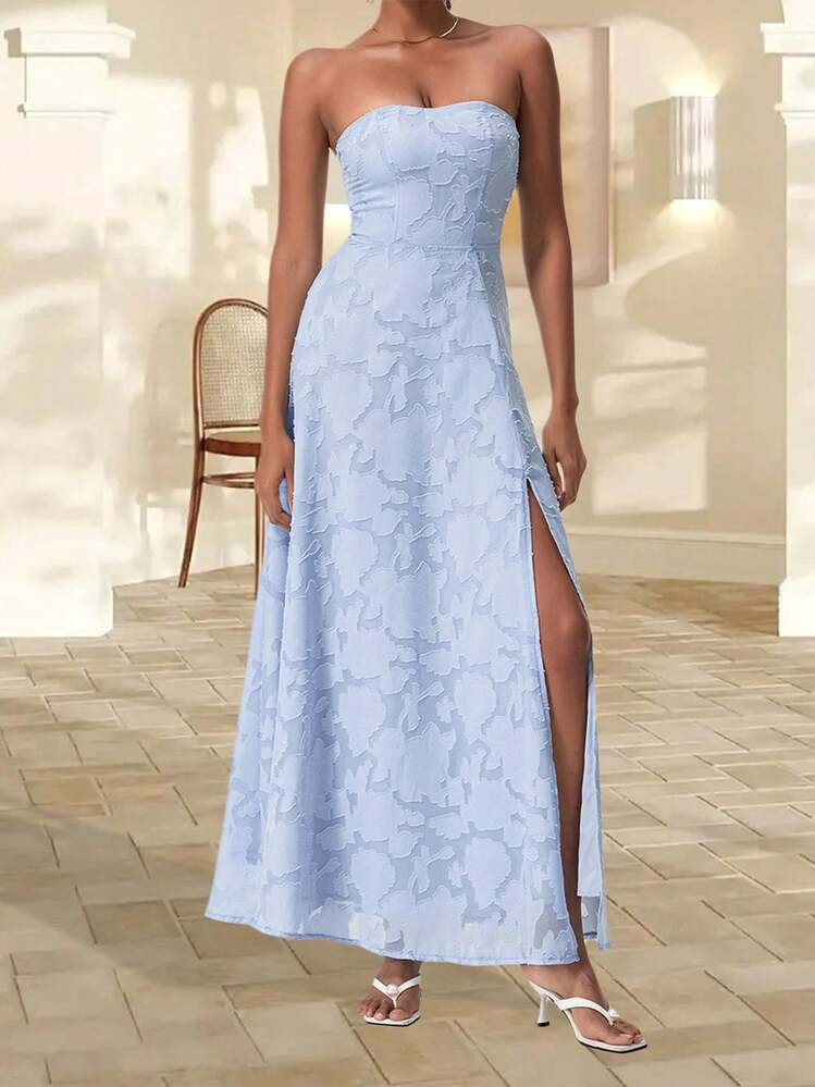 Women Strapless Dress Summer Floral Jacquard Cutout High Split A-Line Party Dress For Cocktail Beach Streetwear | SHEIN