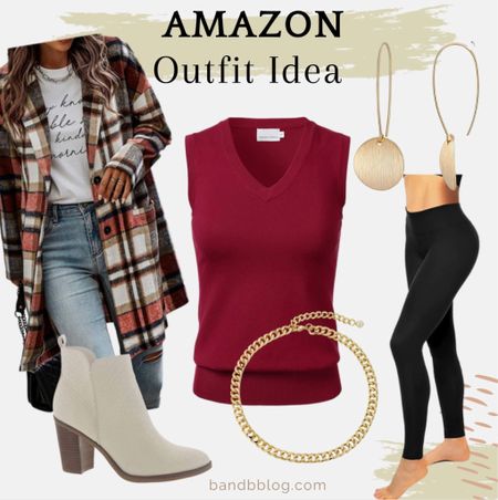 Cute Amazon outfit. Leggings, Mia Patton booties, burgundy vest, plaid shacket coat. Coat, thanksgiving outfit, weekend outfit, casual outfit, amazon fashion, boots, best sellers 

#LTKstyletip #LTKsalealert #LTKunder50