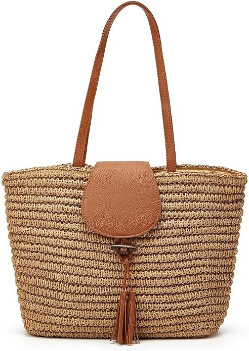 Summer Hand-woven Straw Shoulder Bags for Women Large Woven Beach Tote Purse Vacation Top Handle ... | Amazon (US)
