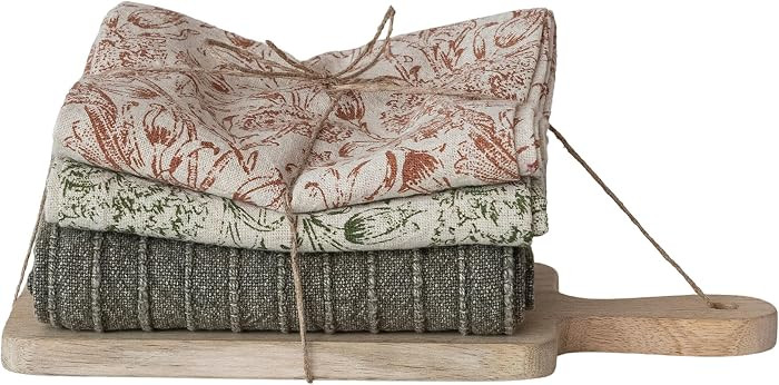 Creative Co-Op 3-Piece Cotton Stonewashed Patterned Tea Towels and Mango Wood Cheese/Serving Board with Handle, Multicolor & Natural | Amazon (US)