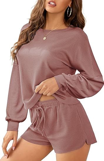 Aifer Women's Waffle Knit Pajama Set Short Sleeve Top and Shorts Jogging Suit Loungewear Athletic... | Amazon (US)