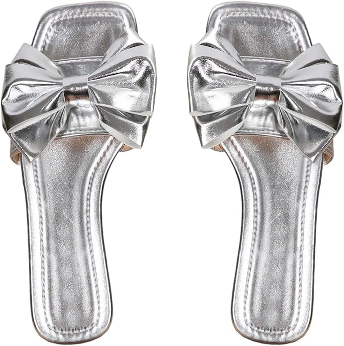 Verdusa Women's Metallic Bowknot Dressy Sandals Square Toe Slip on Slippers | Amazon (US)