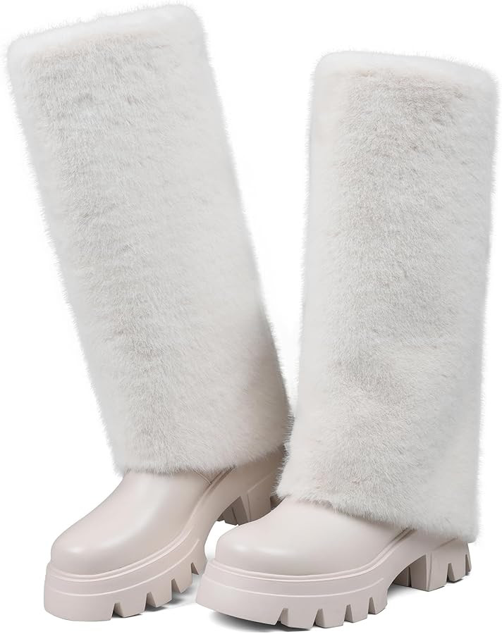 Women's Furffy Knee High Boots Winter Fold Over Boots Fashion Long Snow Boot Chunky Heel Platform... | Amazon (US)