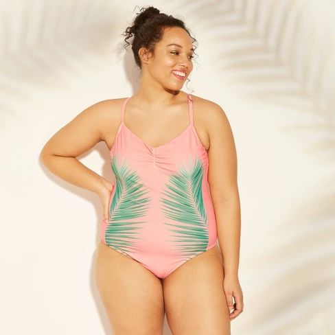 Women's Plus Size Palm Print Scoop Back One Piece Swimsuit - Xhilaration™ Pink Palm | Target