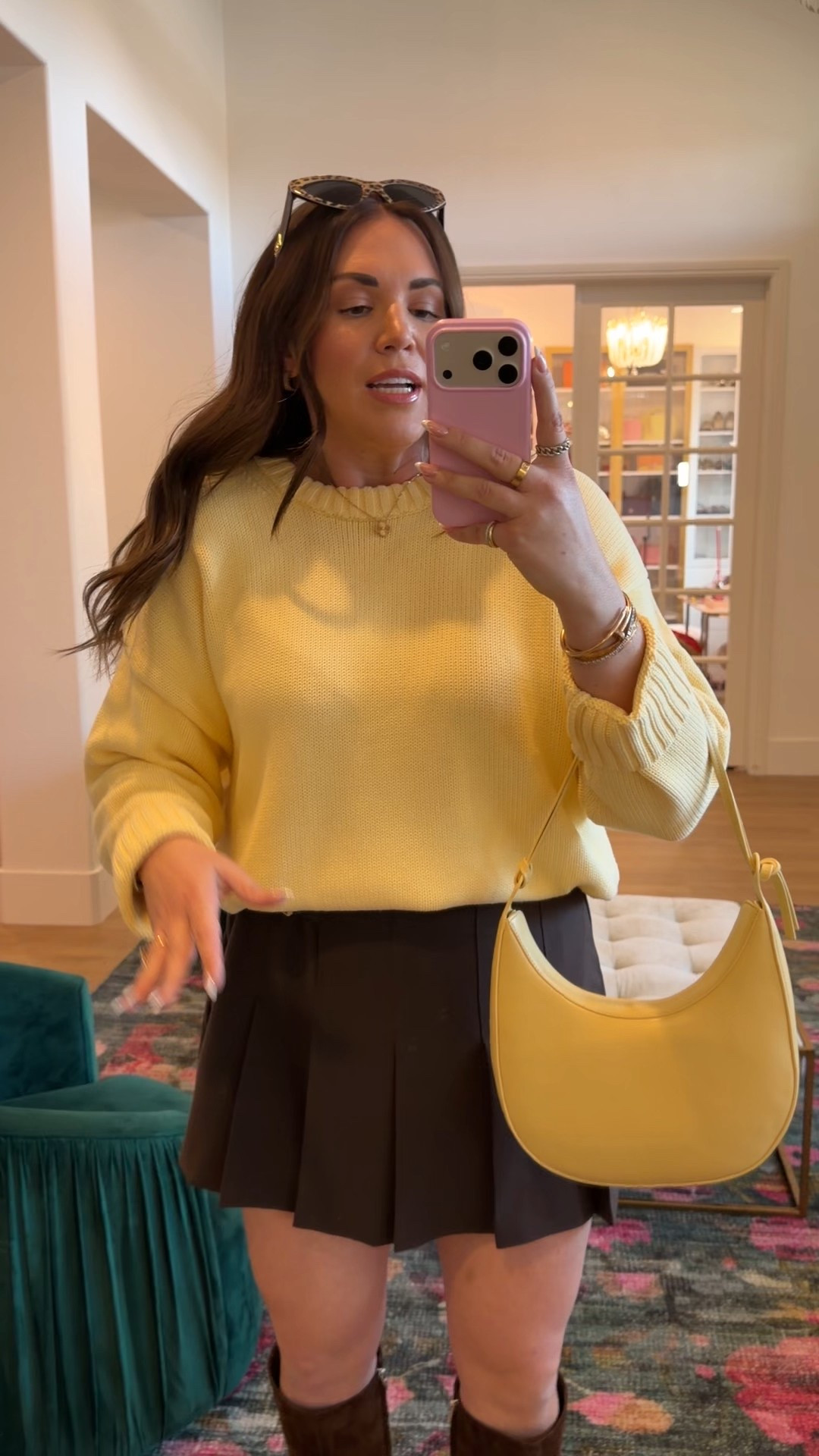 curvy midsize butter yellow and chocolate brown winter outfit! wearing size large in butter yellow sweater, size large in brown skirt, and size large in brown wool coat 

#LTKMidsize #LTKFindsUnder100 #LTKSeasonal