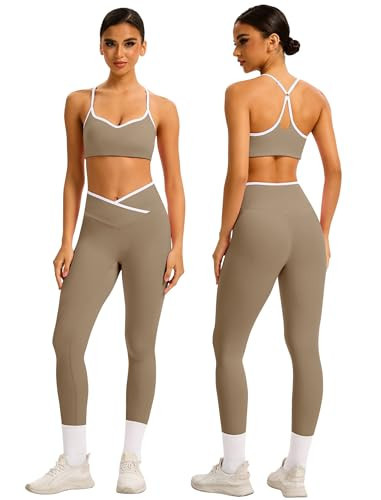 ABOCIW Two Piece Workout Sets for Women Color Block Strappy Sports Bra High Waist Leggings 2 Piece Gym Set Yoga Active Wear Pilates Outfits Work Out Clothes Coco S | Amazon (US)