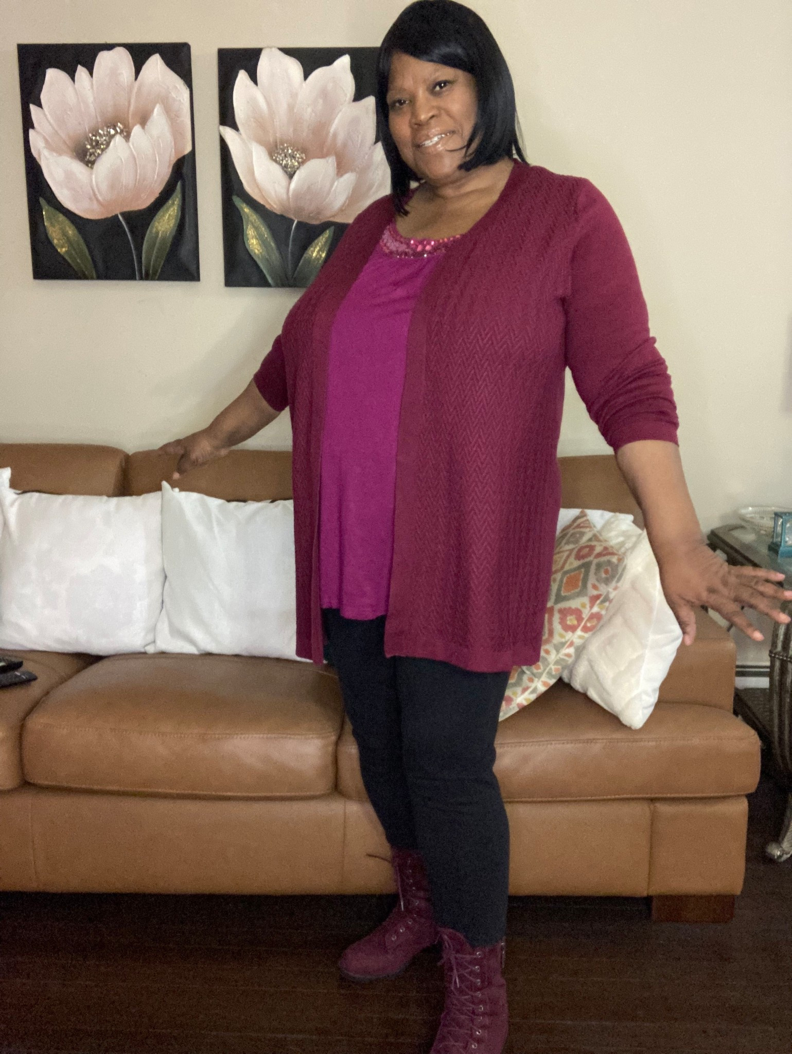 Plus size wine cardigan and tank with black leggings and wine colored boots. The cardigan is in a 2X. Tank in a 2X, leggings in a 1X or XL. Wine boots are in a size 10.

#LTKootd #LTKPlusSize #LTKOver40
