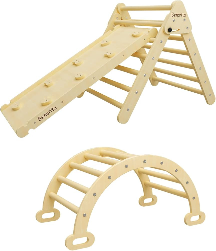 Benarita Pikler Triangle Set of 3 Large Size, Wooden Triangle Climber with Ramp & Arch, Indoor Cl... | Amazon (US)