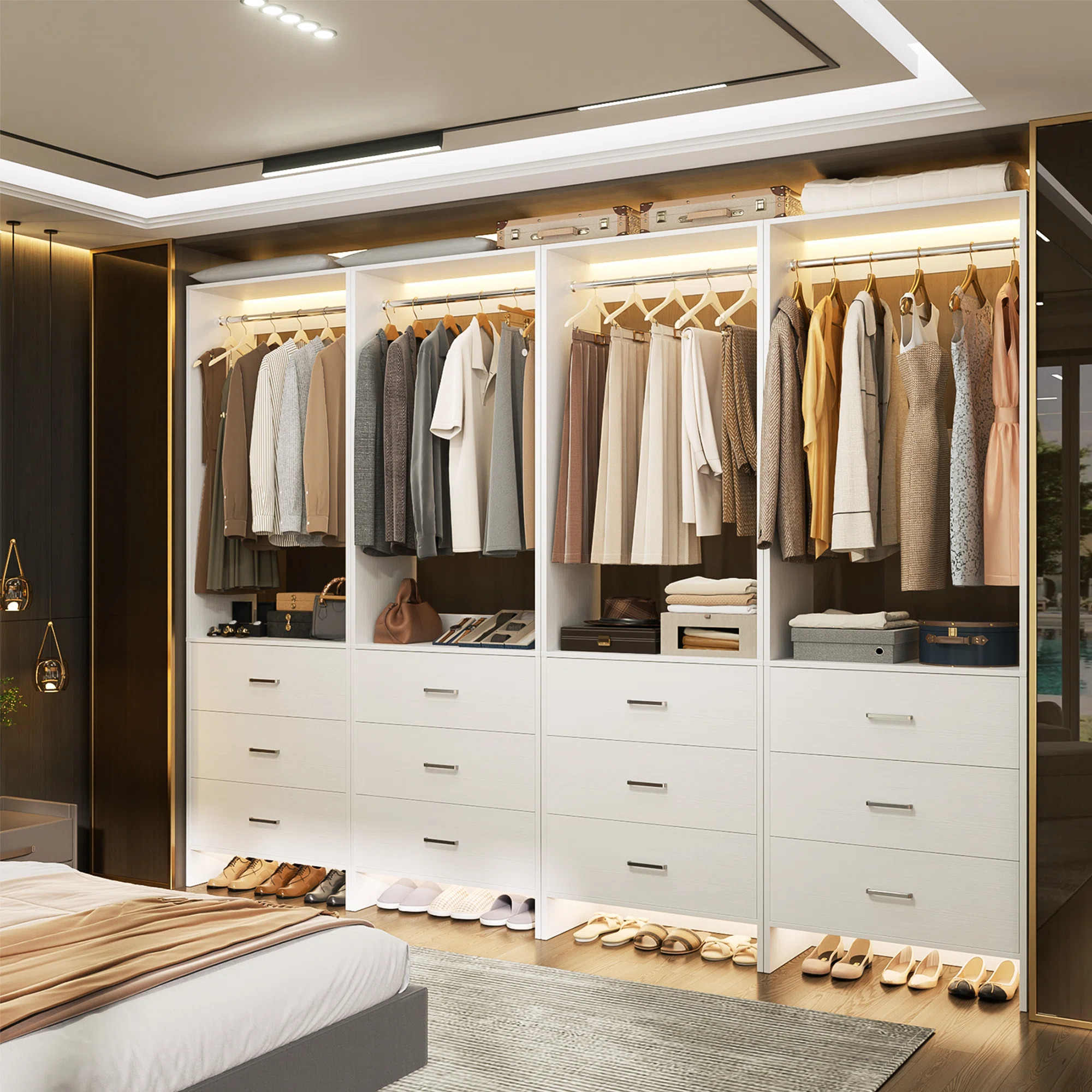 Traig 8ft Closet System with Wooden Drawers and Hanging Rods (Set of 4) | Wayfair North America