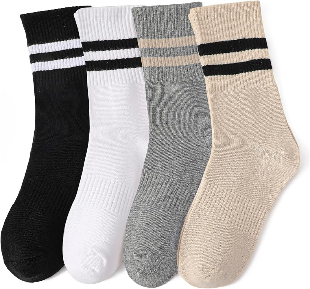 4 Pairs Striped Crew Socks for Women, Cotton Cozy Casual Athletic Socks for Sport, Office, Home, ... | Amazon (US)