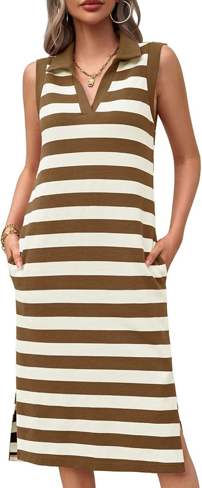 Wenrine Women's Striped Summer Dress Casual Polo V Neck Sleeveless Slit Loose Fit T Shirt Midi Dr... | Amazon (US)
