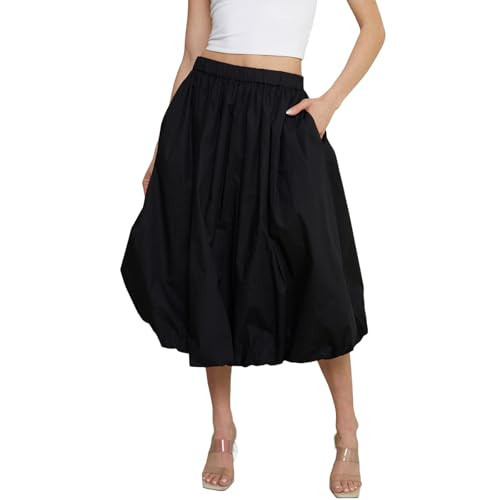 Y2k Cute Bubble Maxi Skirt for Women Low Rise Aline Flowy Puffy Long Skirt Fairy Ruffle Pleated Balloon Skirt(Dark Black,Small) | Amazon (US)
