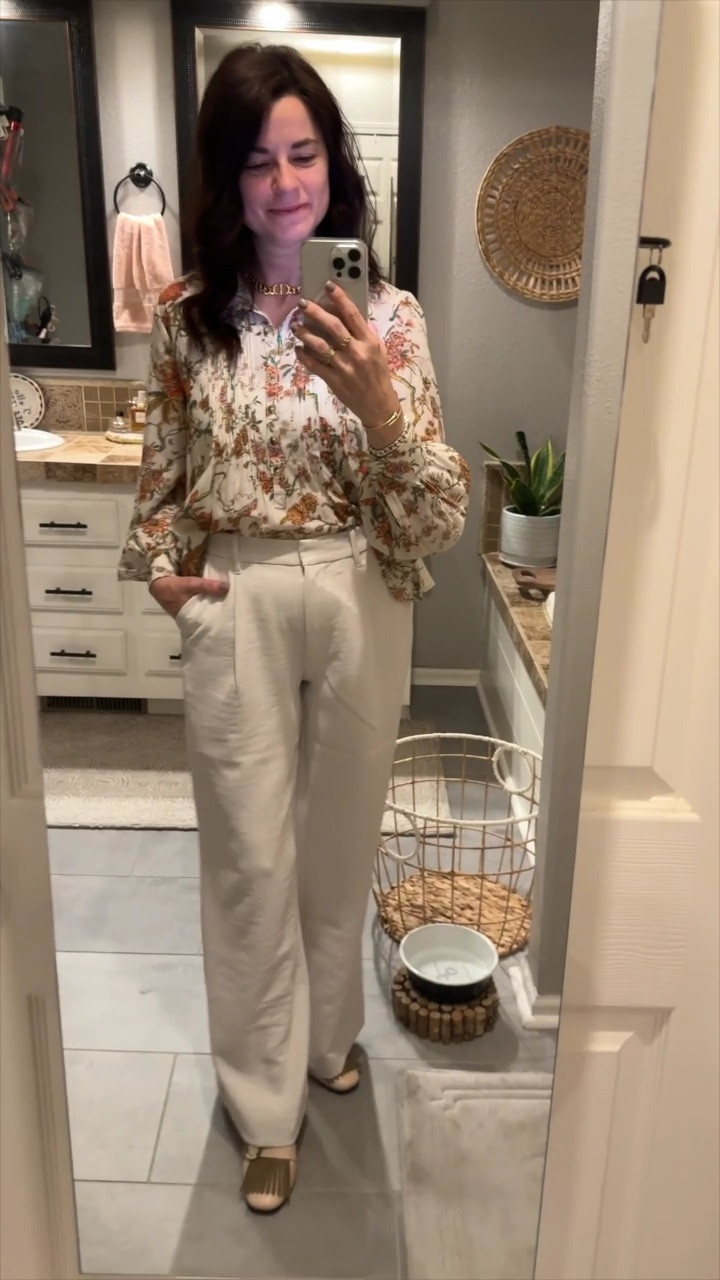 If there were ever an outfit worth falling in love with, this would be it!  These trousers are so chic and comfortable.  They pair perfectly with this patterned blouse!  Heeled loafers complete the look!

Pants run 1 small size for me.  Top and shoes both run TTS.

#LTKstyletip #LTKworkwear #LTKshoecrush