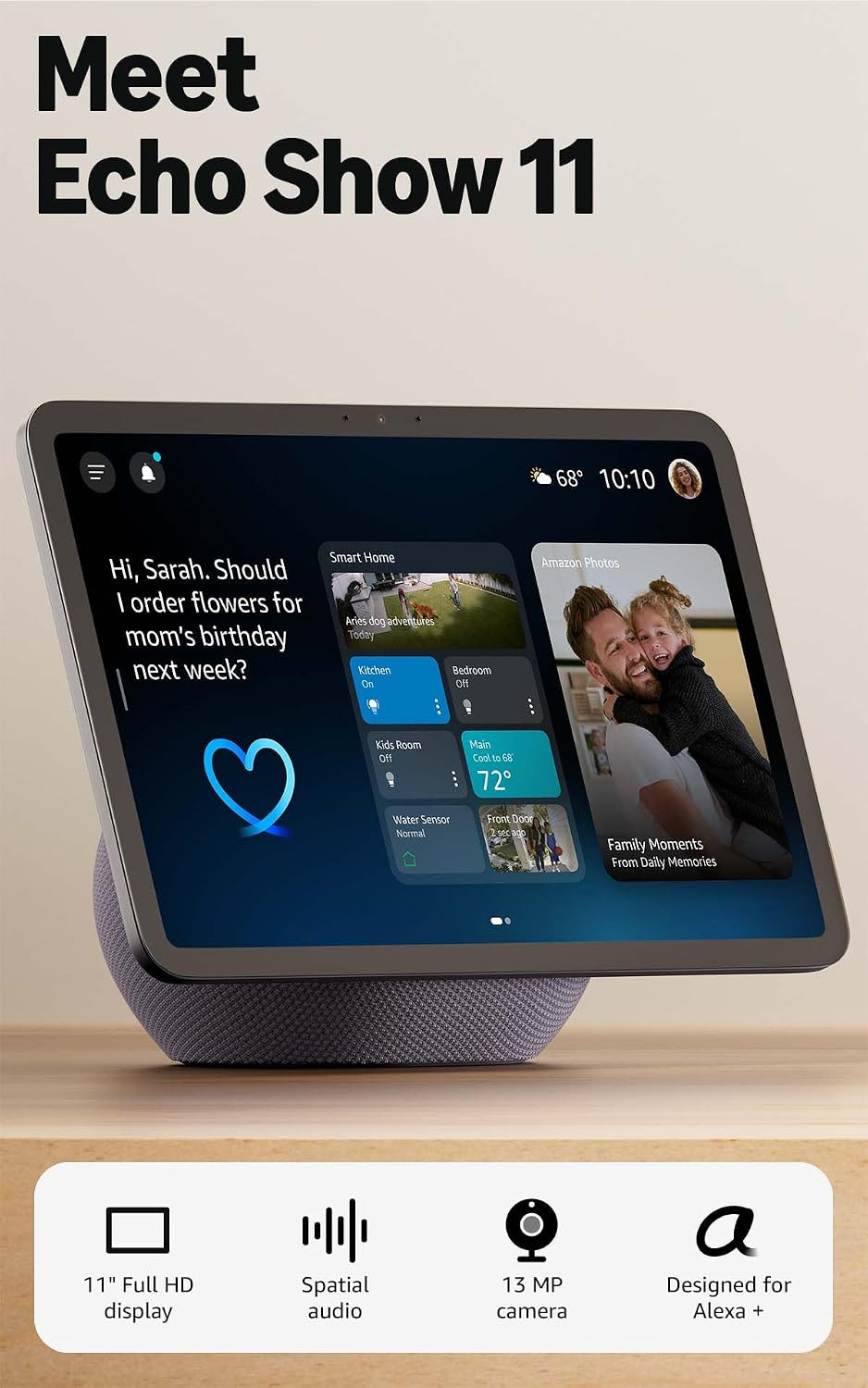 Amazon Echo Show 11 (newest model), Vibrant Full-HD 11" display with more viewing area and spatial audio, Designed for Alexa+, Graphite | Amazon (US)