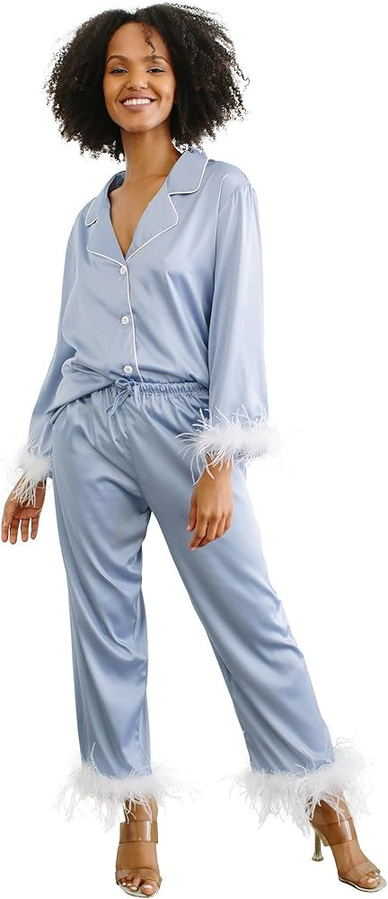 Belle's Design Women's Feather Trim Silk Satin Pajama Button Down Long Sleeve and Pants Set Sleep... | Amazon (US)