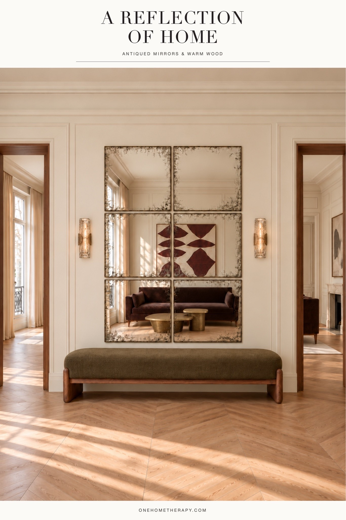 Parisian charm with a modern touch. Warm wood, aged mirrors, olive upholstery, and sculptural brass—a collected welcome home.