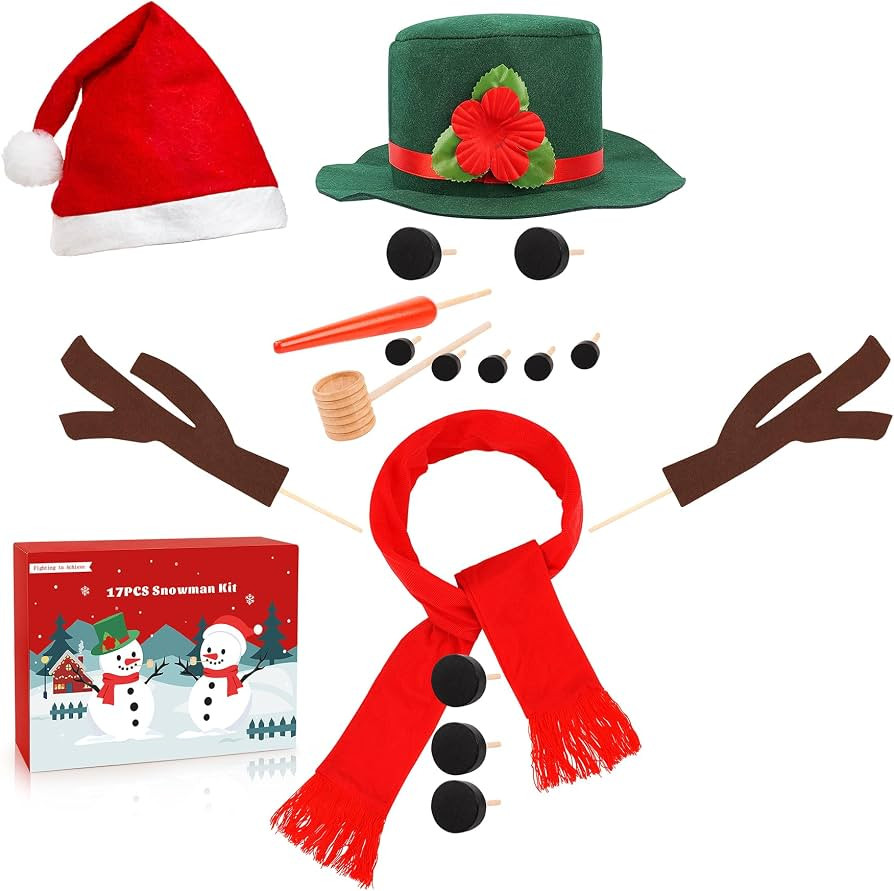 17PCS Build A Snowman Kit with 2pcs Hats, Winter DIY Snowman Decorating Supplies for Outdoor Chri... | Amazon (US)