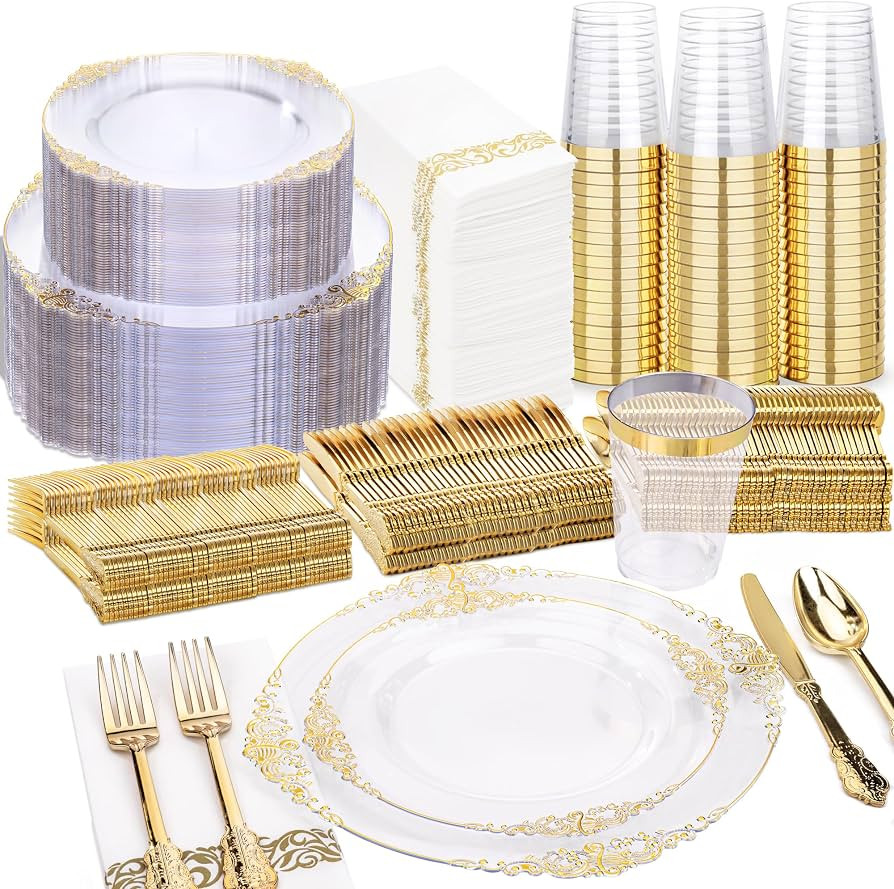 Nervure 350PCS Clear Gold Plastic Plates - Gold Plastic Dinnerware Sets for 50 Guests - 100 Dispo... | Amazon (US)