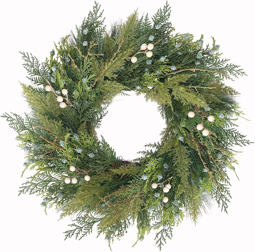 20” Green Faux Pine Christmas Winter Wreath with Cypress Cone, Twig & White Berry – Mixed wit... | Amazon (US)