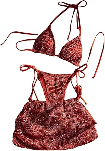 MakeMeChic Women's 3 Piece Crochet Bikini Sets Halter Triangle Summer Swimsuits with Cover Up Ski... | Amazon (US)