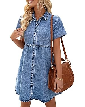 LookbookStore Women's Short Sleeve Button Down Flowy Tiered Babydoll Denim Dress | Amazon (US)