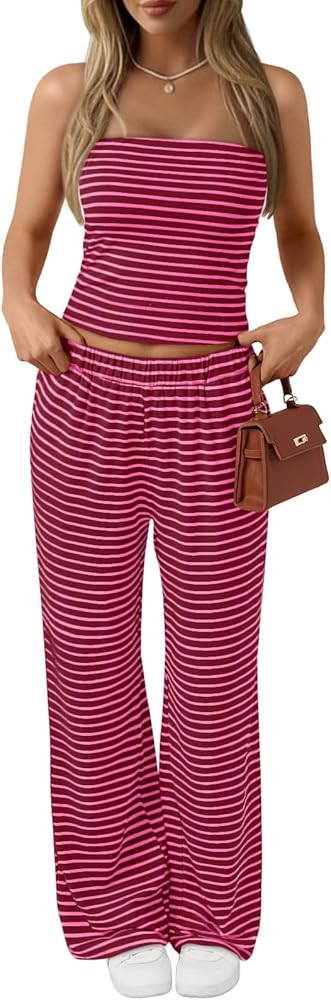 Trendy Queen Womens 2 Piece Lounge Sets Matching Summer Beach Vacation Outfits 2026 Striped Tube ... | Amazon (US)
