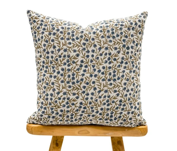 Designer Floral Print on Natural Linen Pillow Cover Indigo - Etsy | Etsy (US)