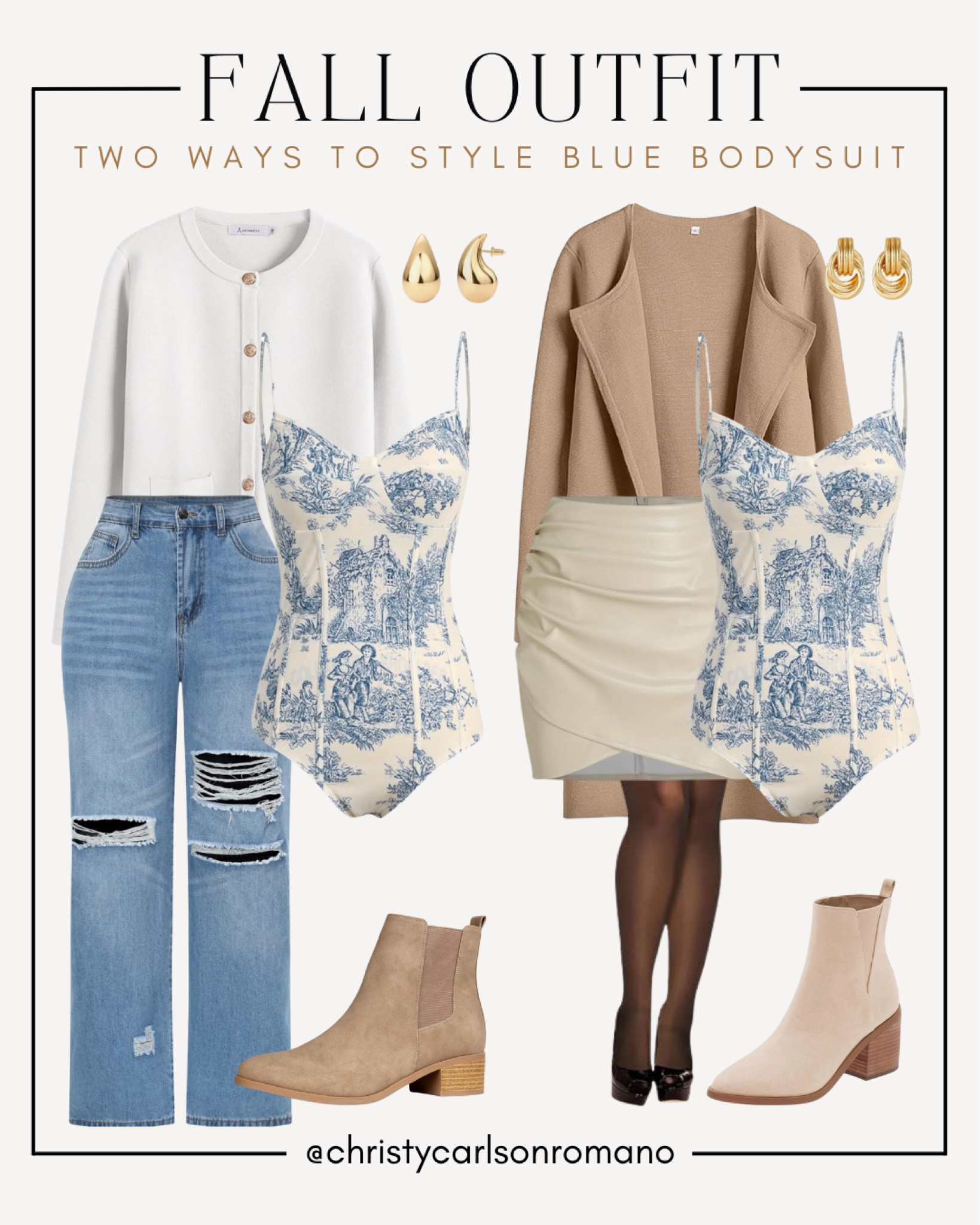 Styling this cute blue bodysuit two ways! Pair it with high-waisted ripped jeans for a casual day out or dress it up with a faux leather skirt and boots for a dressy look!
#howtostyle #affordablefinds #fallfashion #amazonfinds

#LTKStyleTip #LTKShoeCrush #LTKSeasonal