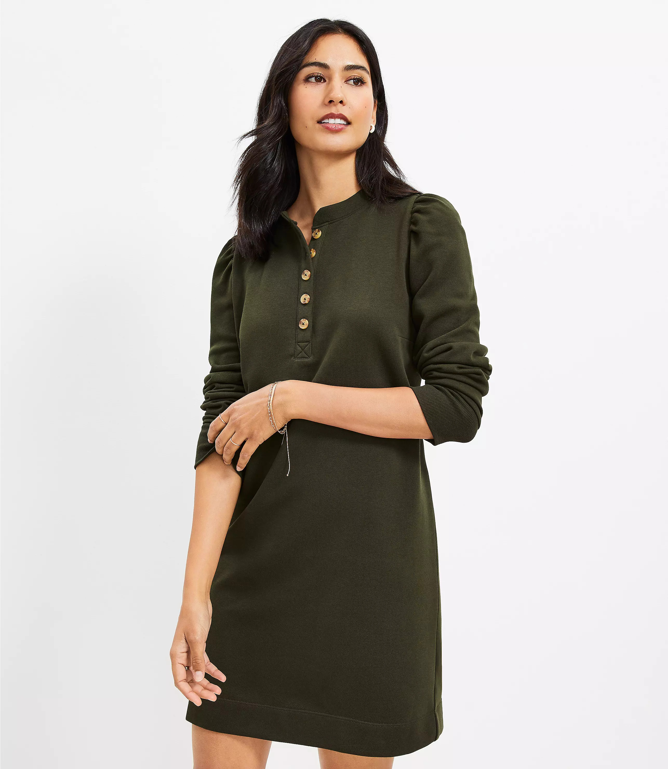 Petite Shirred Sleeve Henley Shift Dress | LOFT