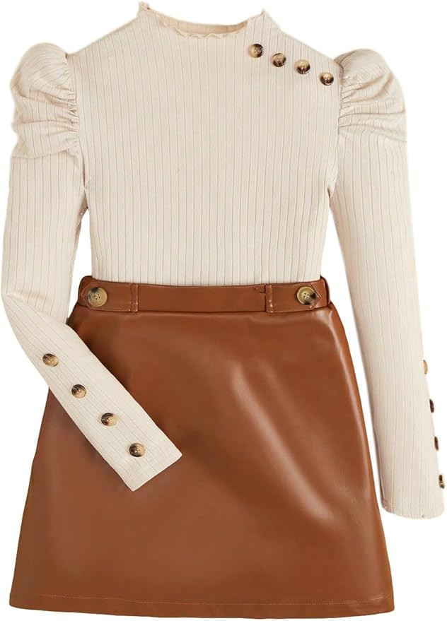 Floerns Girls 2 Piece Outfit Ruffle Trim Long Sleeve T Shirt and Short Skirt Set | Amazon (US)