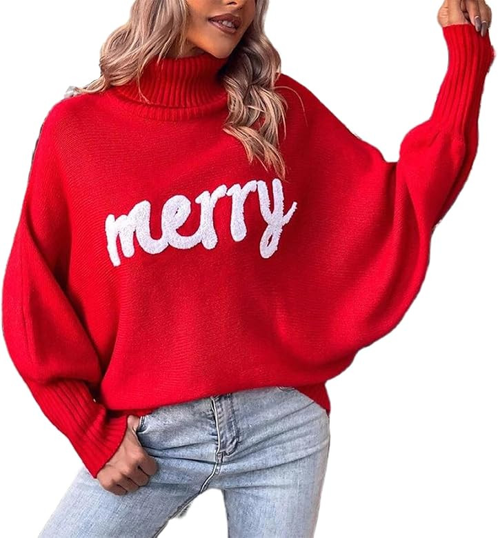 iTranyee Women Ugly Christmas Oversized Turtleneck Pullover Sweater Cute Merry Print Batwing Sleeve Loose Jumper Fall Outfits | Amazon (US)