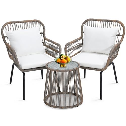 3 Pieces Rattan Wicker Bistro Set, Outdoor Conversation Set, Wicker Furniture Set with Glass Top ... | Amazon (US)