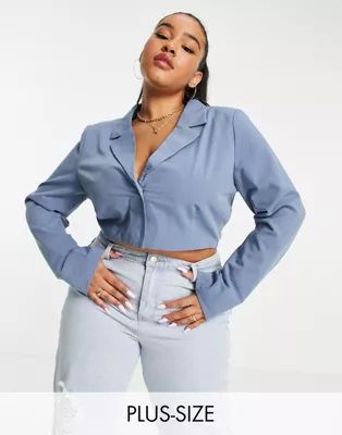 In The Style Plus x Yasmin Chanel cropped blazer co ord in blue | ASOS (Global)