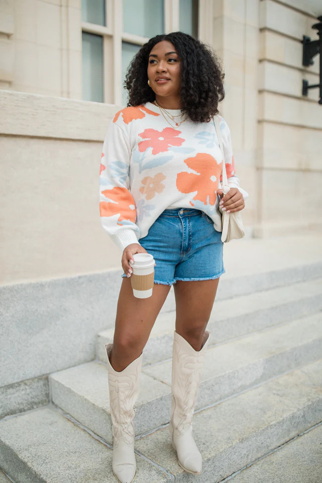 Fact Of The Matter Coral Multi Floral Crew Neck Sweater | Pink Lily