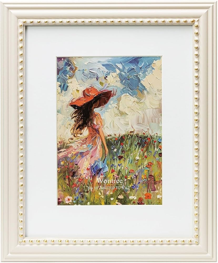 8x10 Picture Frame in Beige with Classic Gold Beaded Border, Solid Wood with Real Glass, Display ... | Amazon (US)