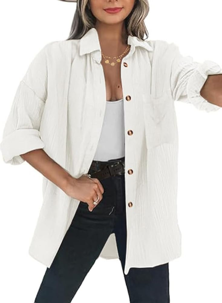 Womens Button Down Shirts Long Sleeve Cotton Gauze Tops Casual Collared Blouses Loose Fit with Po... | Amazon (US)