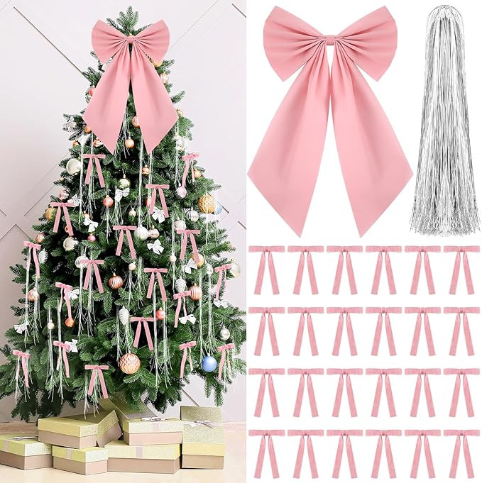 Shihanee Pink Christmas Tree Decorations Bows and Tinsel Icicles Set Include 24 Pcs Small Velvet ... | Amazon (US)