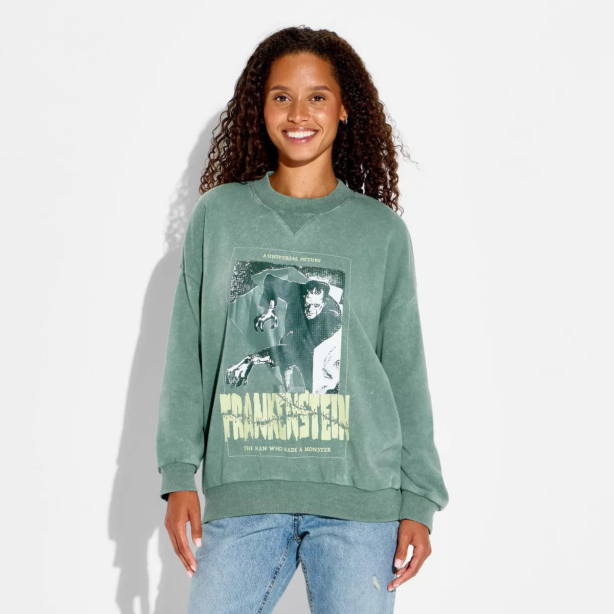 Women's Crewneck Frankenstein Graphic Pullover Sweatshirt - Sage Green XL | Target